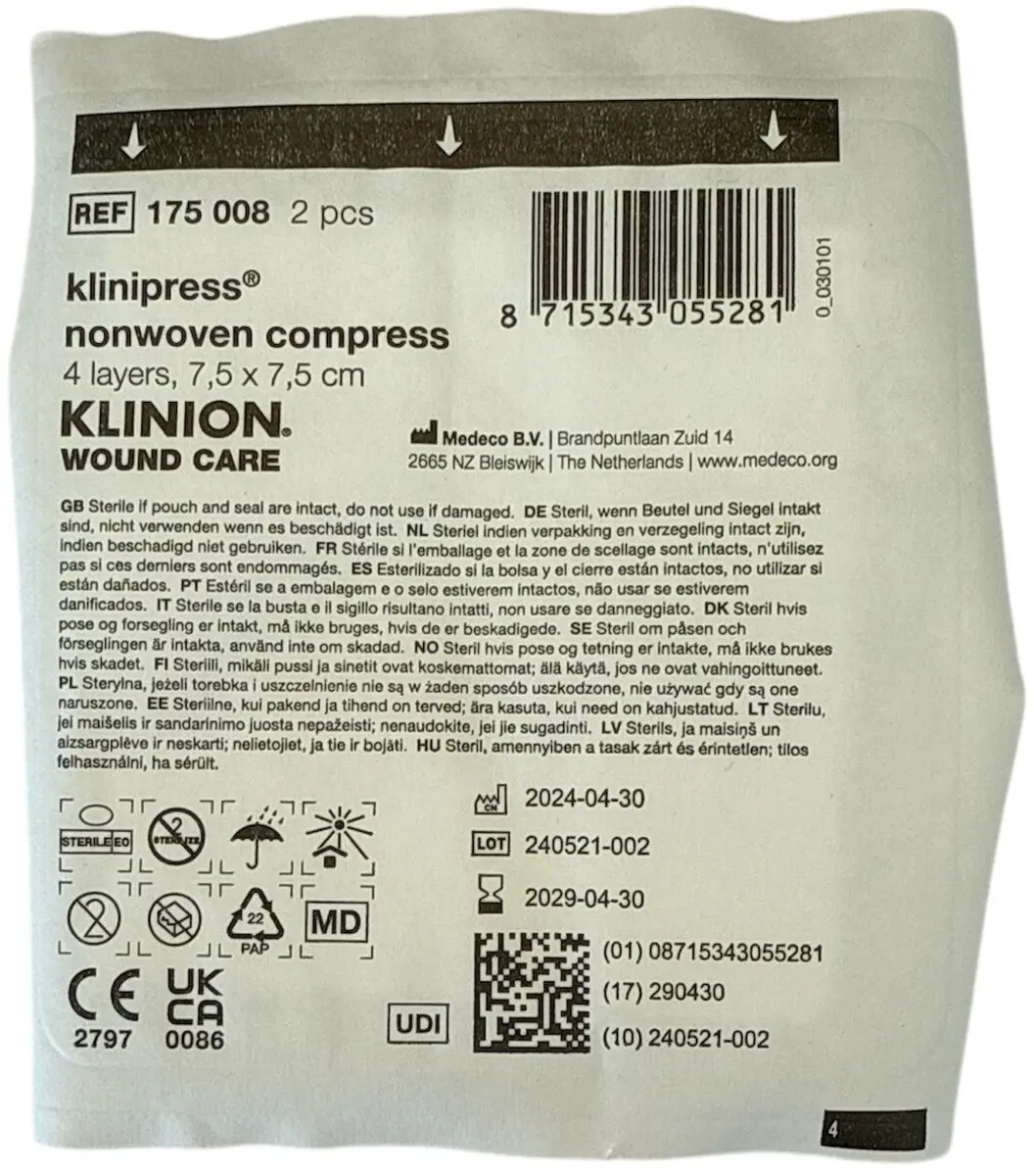 Klinion Non-Woven Kompres 7,5x7,5cm Steriel - 100 Stuks