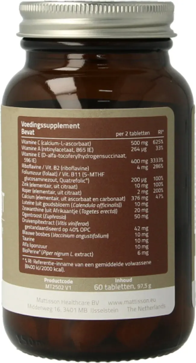 Mattisson Oog Support Voedingssupplement 60 Tabletten - Zink/Vitamine A/Riboflavine