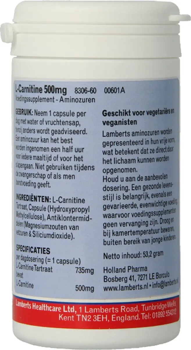 Lamberts L-Carnitine 500mg Vegetarische Capsules - 60 Stuks