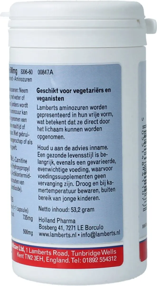 Lamberts L-Carnitine 500mg Vegetarische Capsules - 60 Stuks