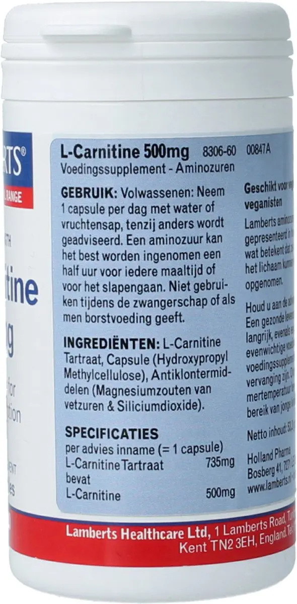 Lamberts L-Carnitine 500mg Vegetarische Capsules - 60 Stuks