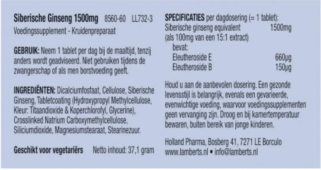 Lamberts Siberian Ginseng 1500mg Tabletten - 60 Stuks