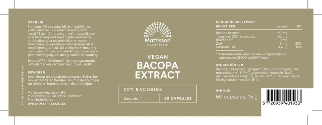 Mattisson Vegan Bacopa Extract 150mg - 60 Capsules