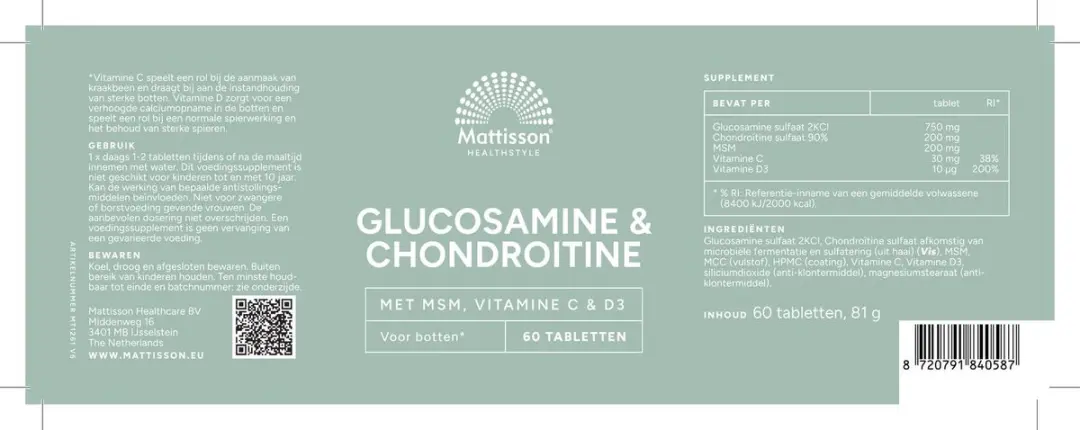 Mattisson Glucosamine Chondroïtine met MSM 60 Tabletten
