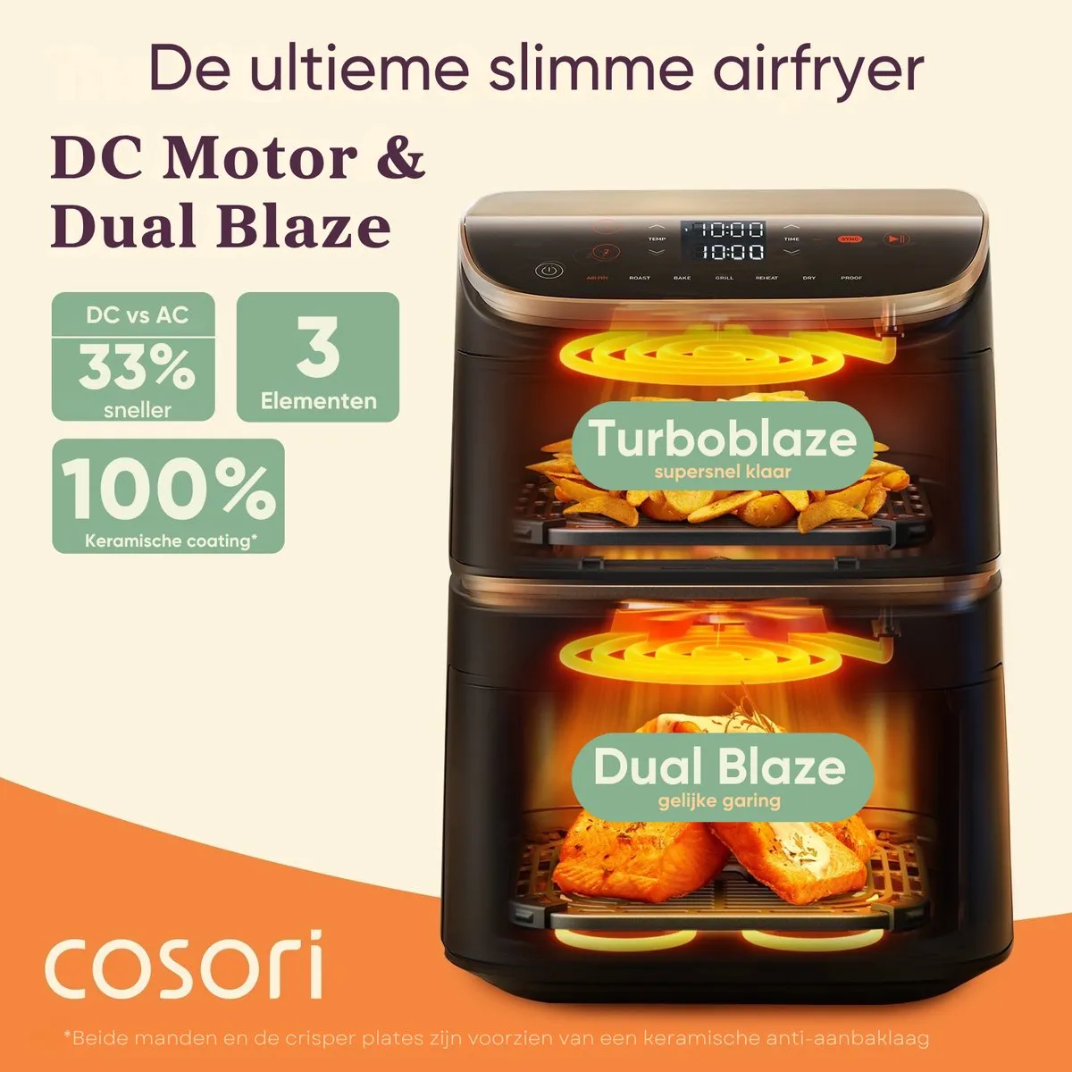 Cosori XXL Airfryer Turbo Tower Pro 10.8L - 7 Programma's - Zwart/Goud