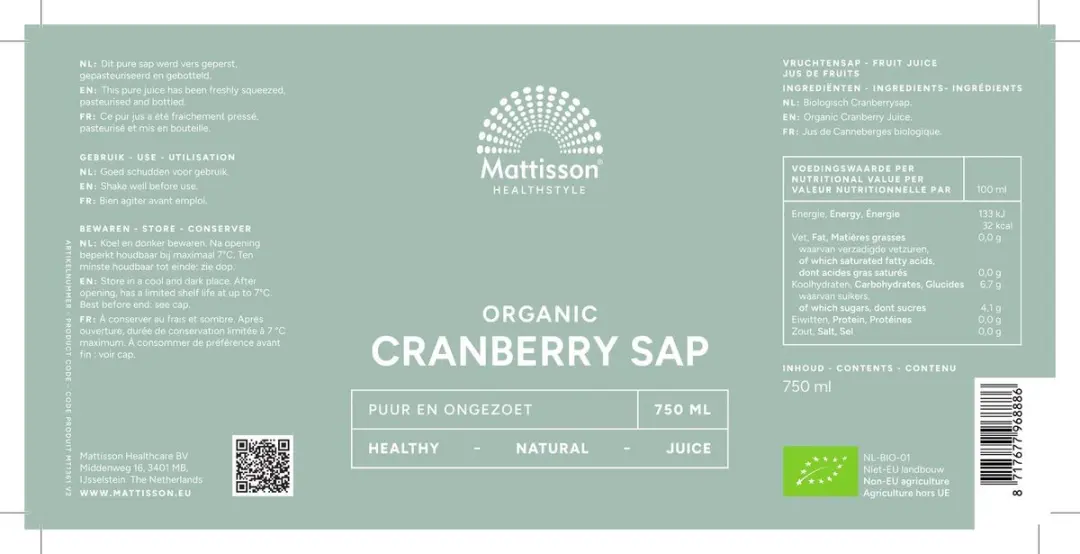 Mattisson Biologische Cranberrysap 750ml - Ongezoet