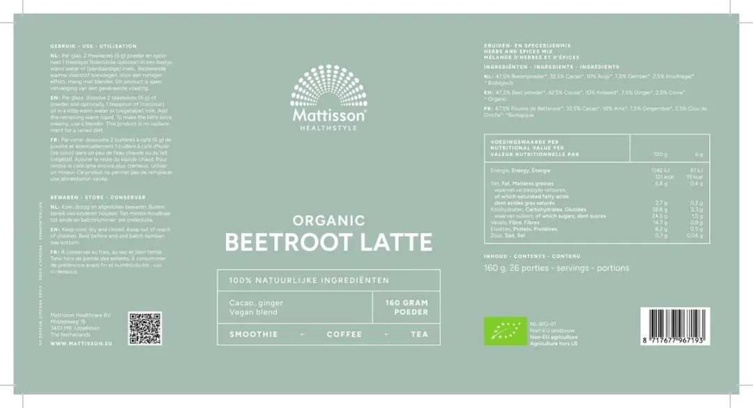 Mattisson Biologische Beetroot Latte Gember Cacao 160g