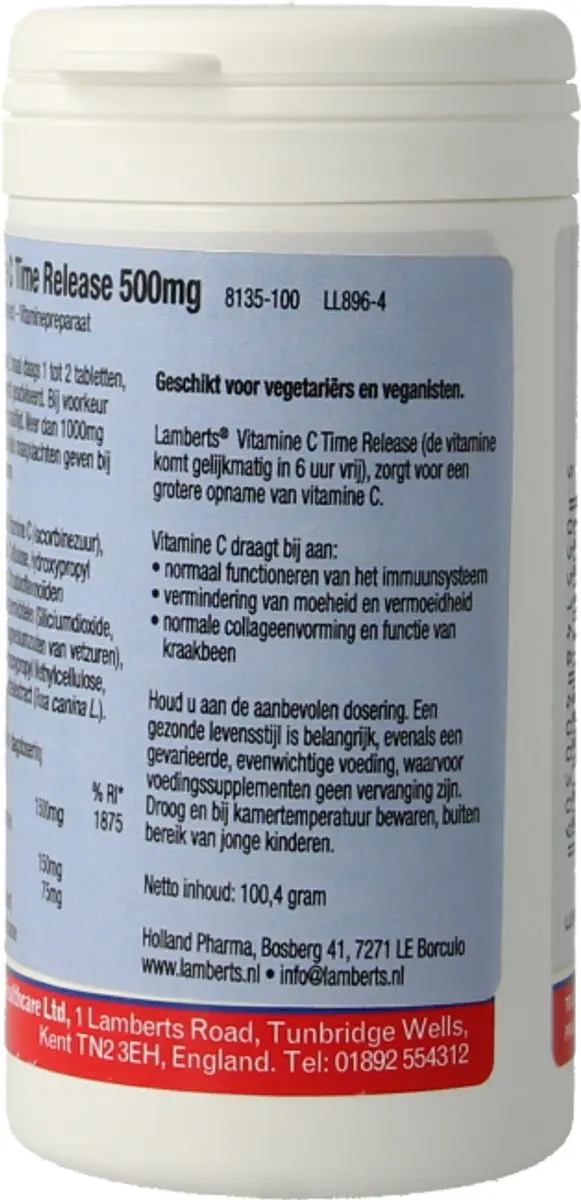 Lamberts Vitamine C 500 Tr & Bioflavonoïden 100mg - 100 Stuks