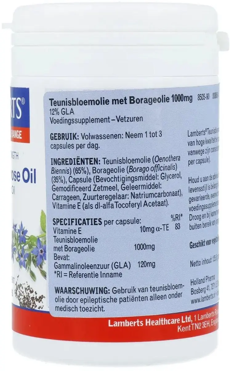 Lamberts Teunisbloem & Borageolie 1000mg - 90 Capsules