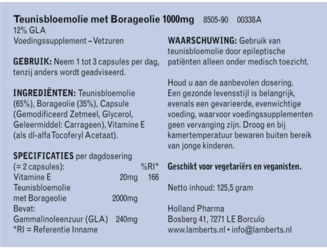 Lamberts Teunisbloem & Borageolie 1000mg - 90 Capsules