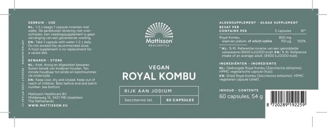 Mattisson Royal Kombu Bruinwier 800mg Voedingssupplement 60 Capsules