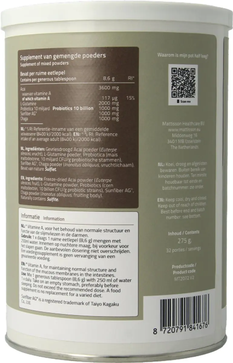 Mattisson Darm Support Voedingssupplement 275g