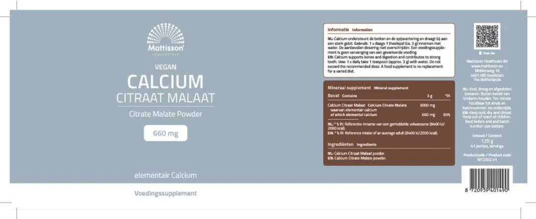 Mattisson Calcium Citraat Malaat Poeder 125g