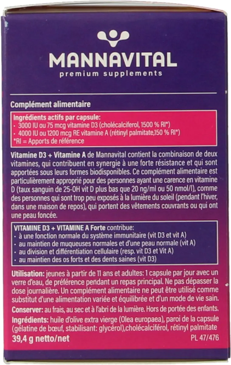 Mannavital Vitamine D3 + A Forte 90 Capsules