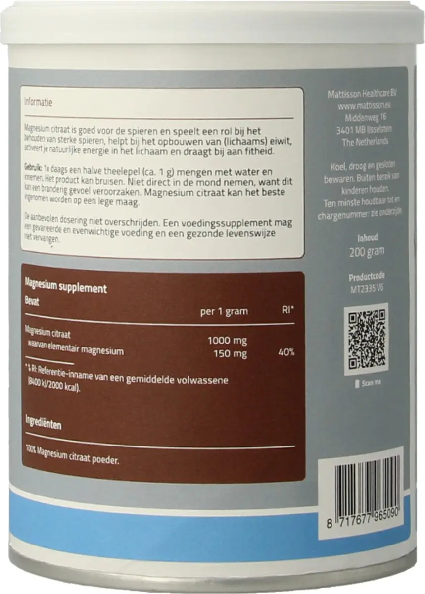 Mattisson Magnesium Citraat Poeder 200g