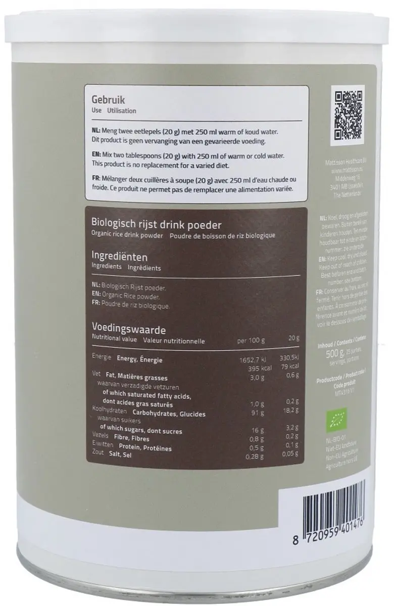 Mattisson Biologisch Rijst Drinkpoeder 500g