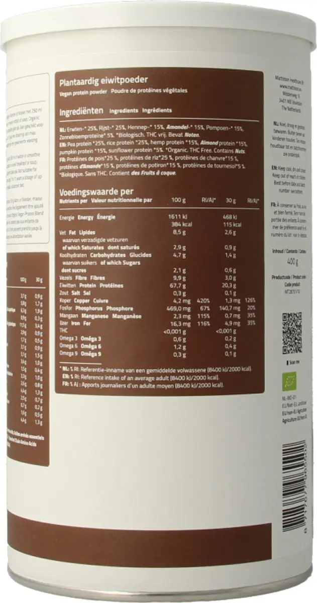 Mattisson Biologische Vegan Proteïne Blend Poeder 400g - afbeelding 6 van 6