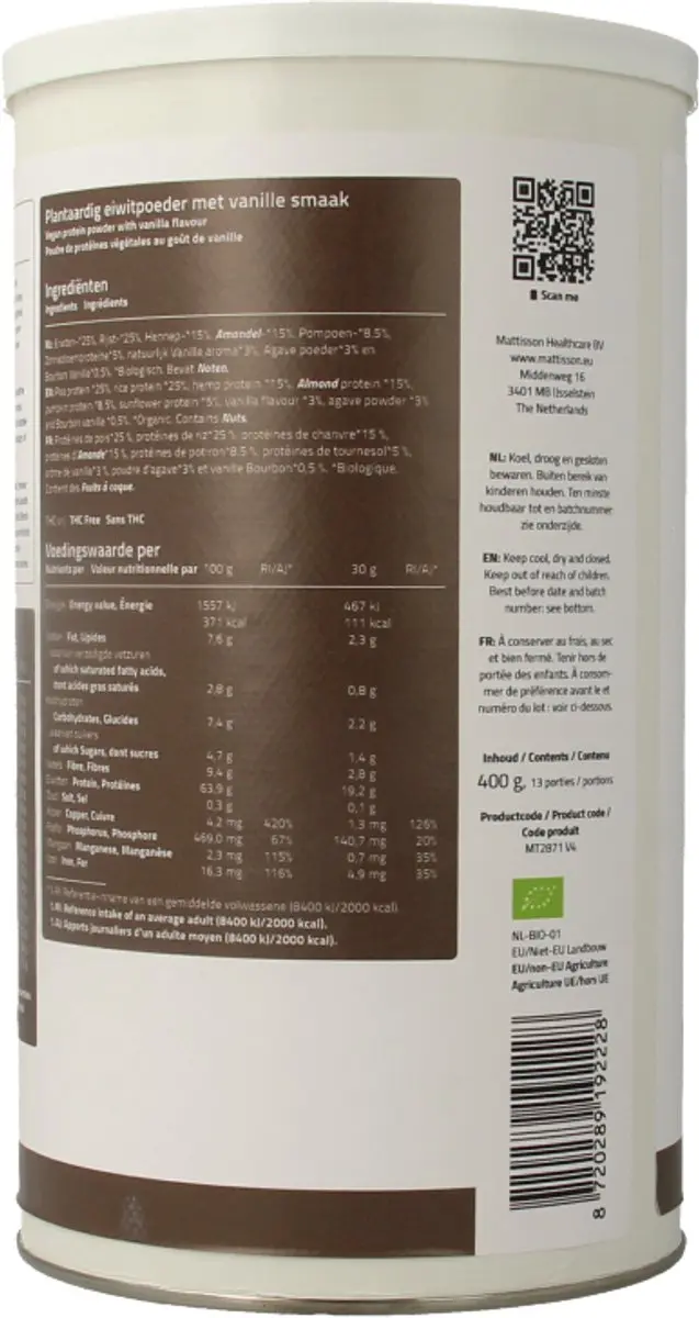 Mattisson Biologische Vegan Proteïne Blend 63% Vanille - 400g - afbeelding 6 van 6