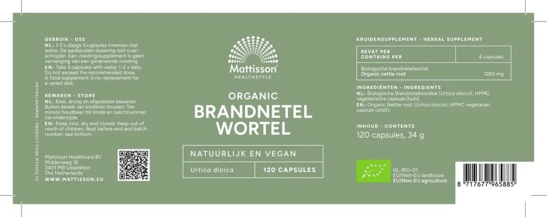 Mattisson Biologische Brandnetelwortel 210mg Vegan - 120 Capsules