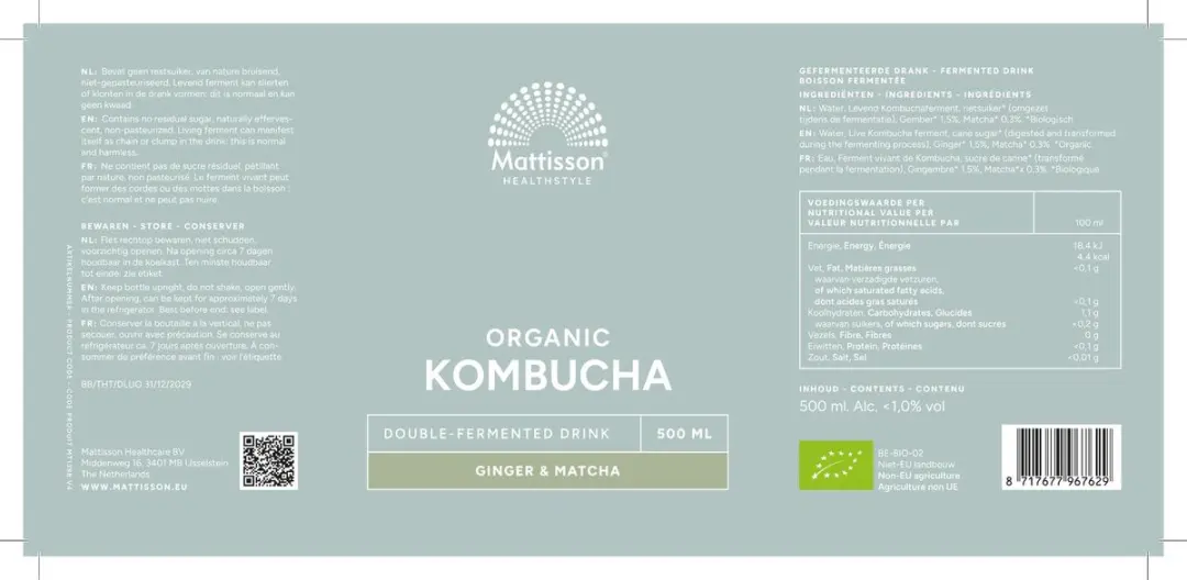 Mattisson Biologische Kombucha Gember & Matcha 500ml