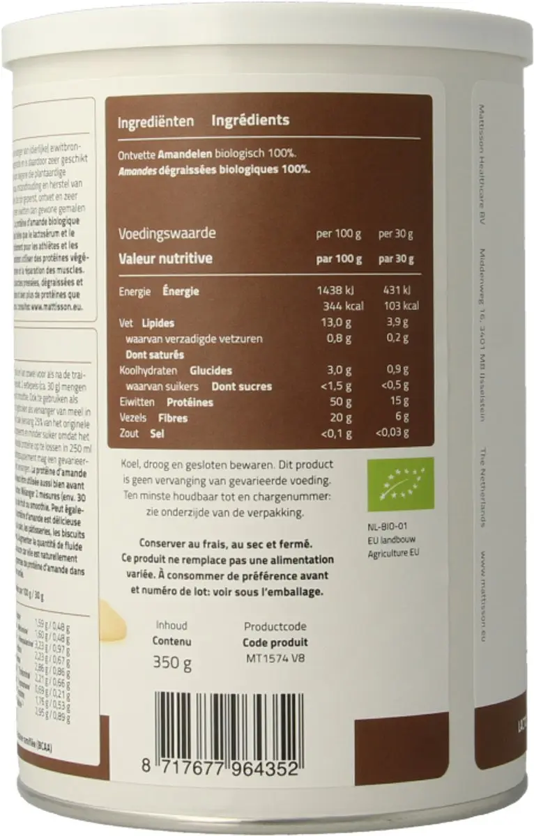 Mattisson Biologische Amandel Proteïne 350g - afbeelding 6 van 6