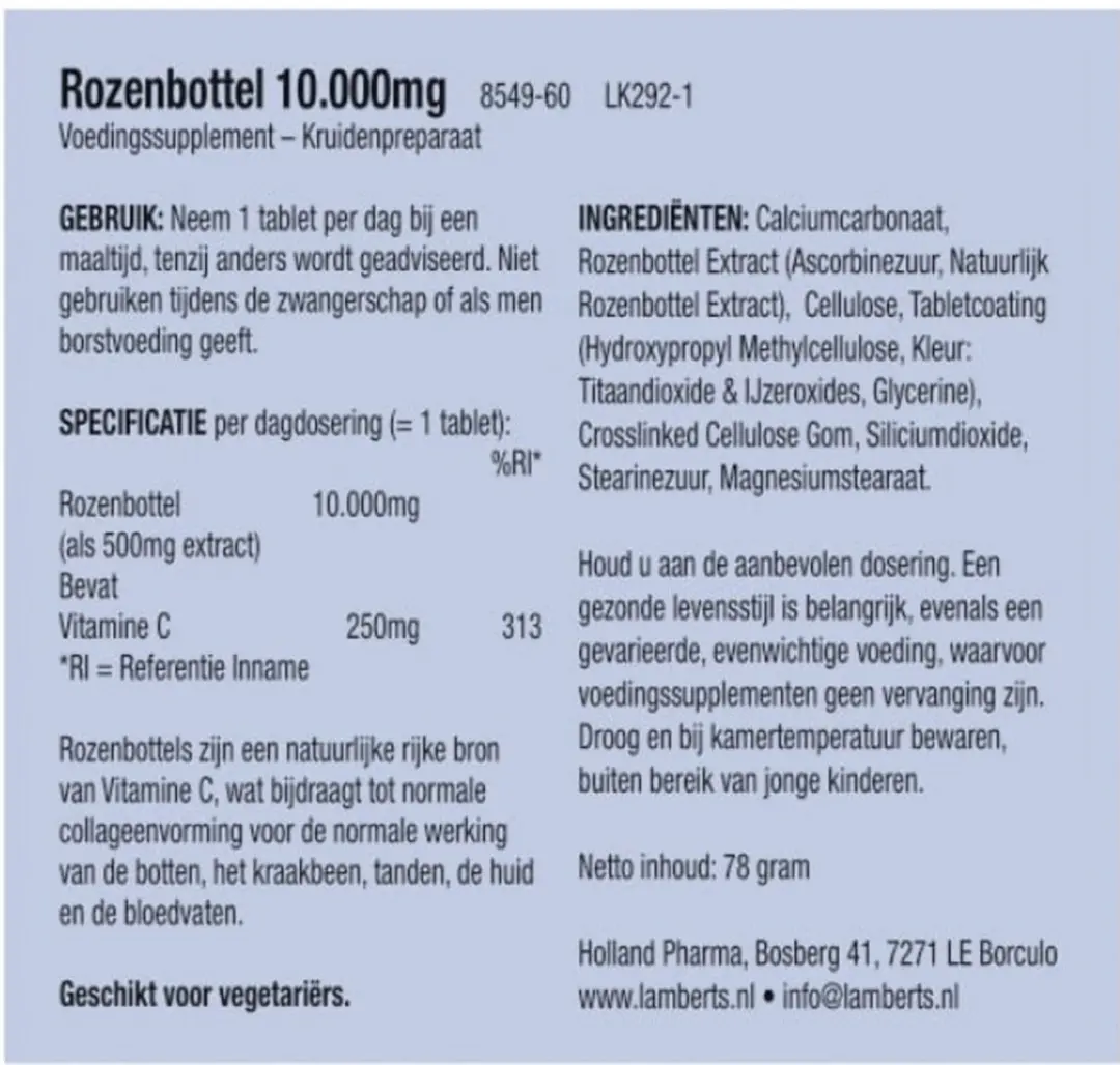 Lamberts Rozenbottel 10.000mg Tabletten - 60 Stuks
