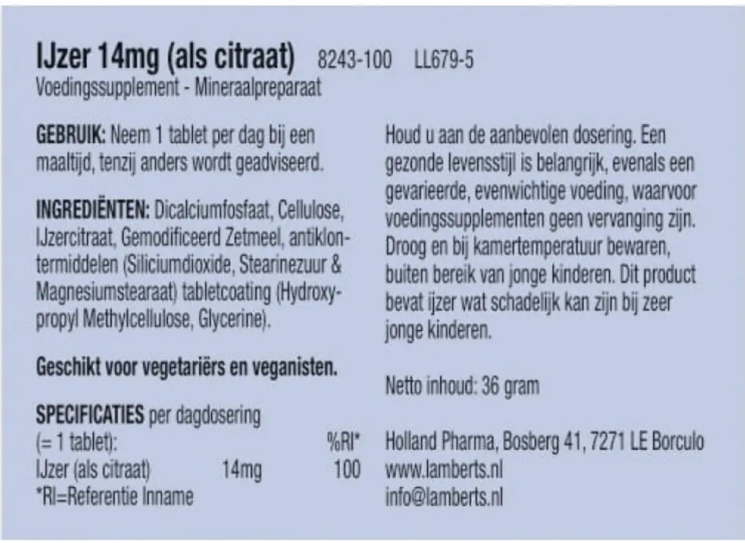 Lamberts IJzer Citraat 14mg Tabletten - 100 Stuks