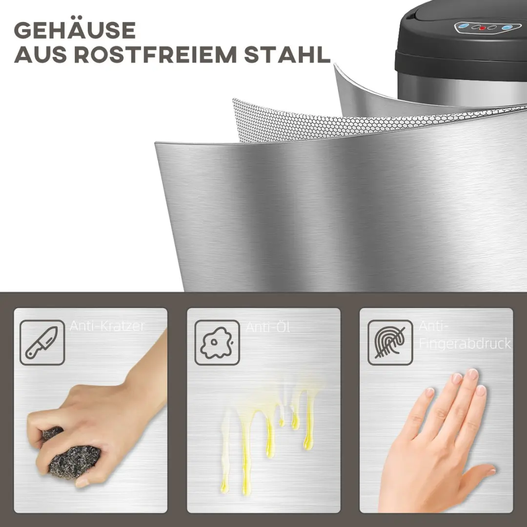 Homcom Sensorprullenbak 30L - 30,5x51cm - Zilver/Zwart