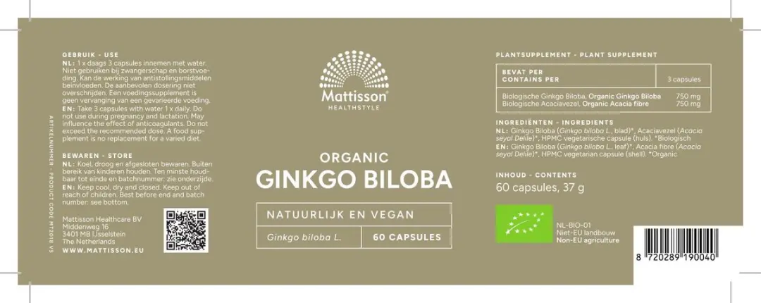 Mattisson Biologische Gingko Biloba Vegan 60 Capsules
