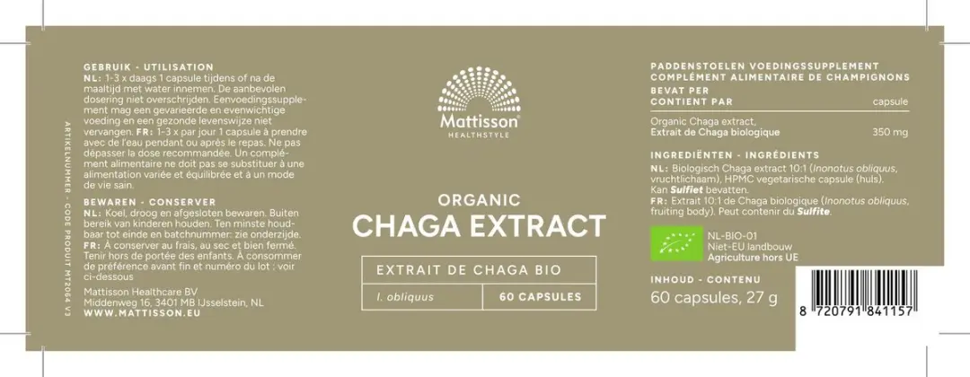 Mattisson Biologisch Chaga Extract 350mg Voedingssupplement 60 Capsules