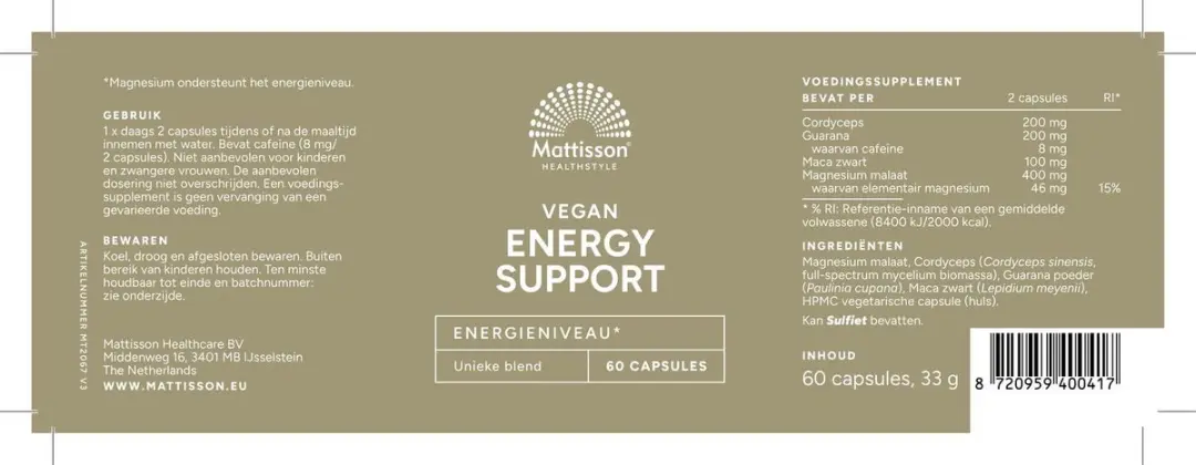 Mattisson Energy Support Zwart Maca/Guarana/Cordyceps 60 Capsules