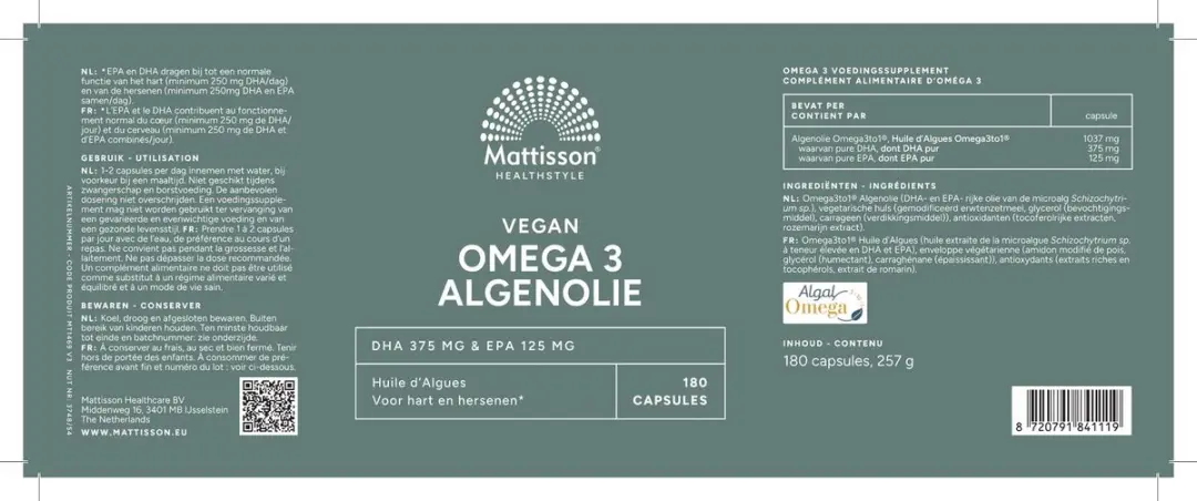 Mattisson Vegan Algenolie Omega 3 500mg - 180 Capsules