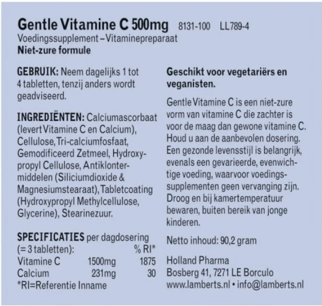 Lamberts Vitamine C 500 Gentle L8131 - 100 Stuks