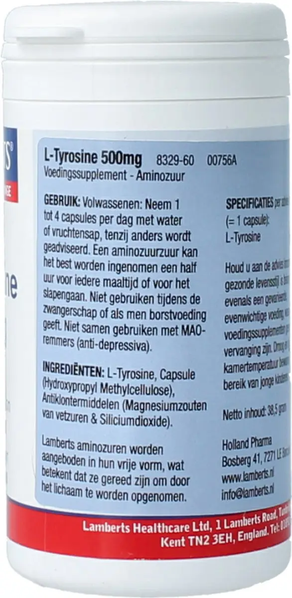 Lamberts L-Tyrosine 500mg Capsules - 60 Stuks