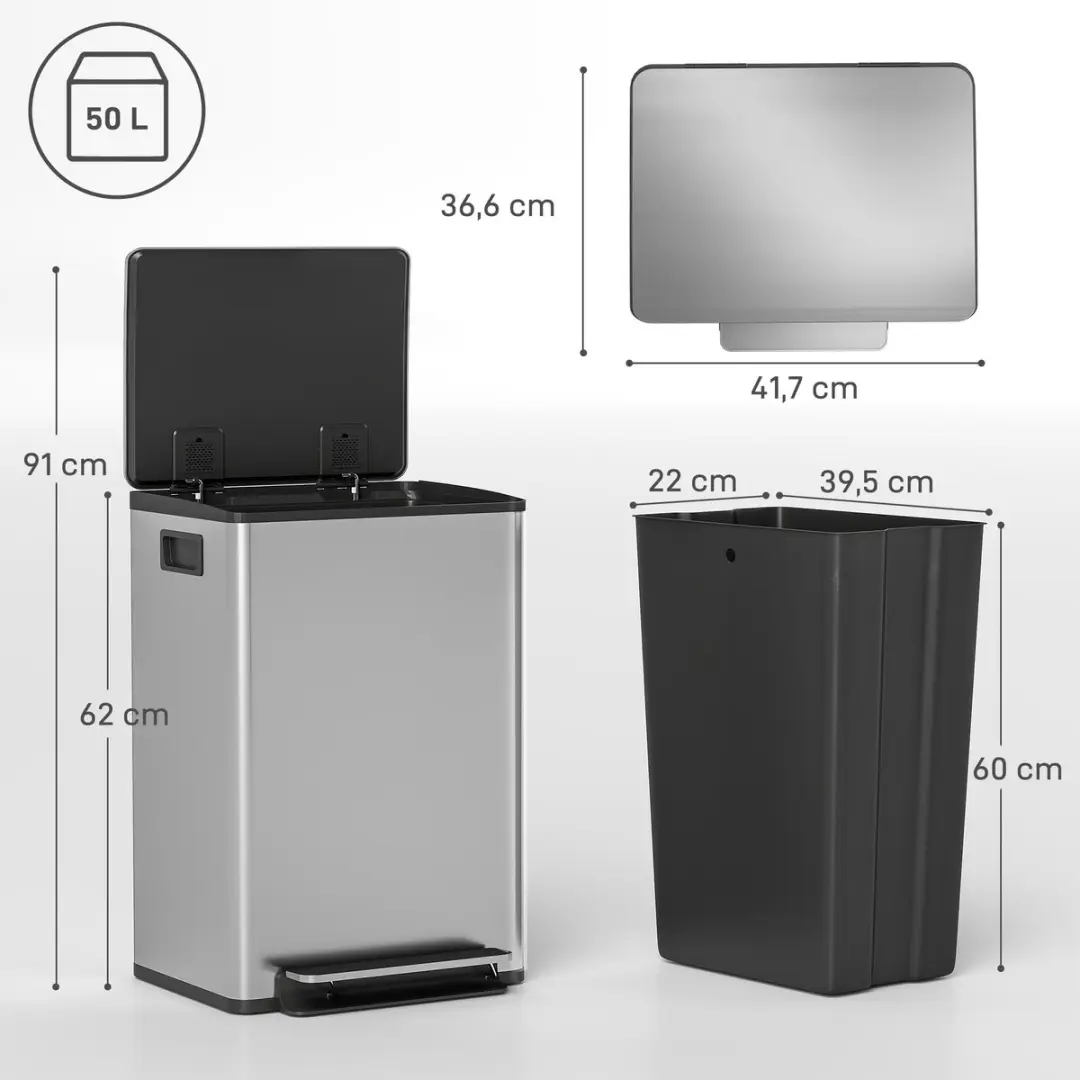 Homcom Prullenbak Roestvrij Staal 40L - 41,7x36,6x62cm - Zilver