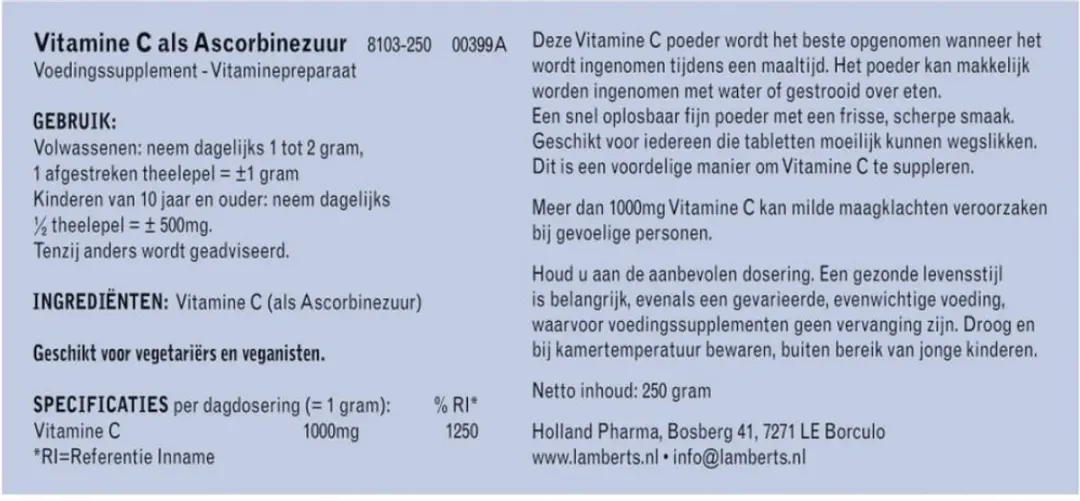 Lamberts Vitamine C Ascorb Zuur 250g - 250 Stuks
