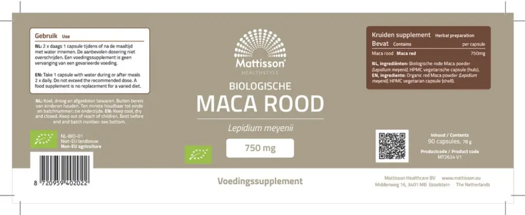 Mattisson Biologische Rode Maca 90 Capsules
