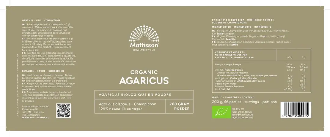 Mattisson Biologisch Agaricus Poeder 200g