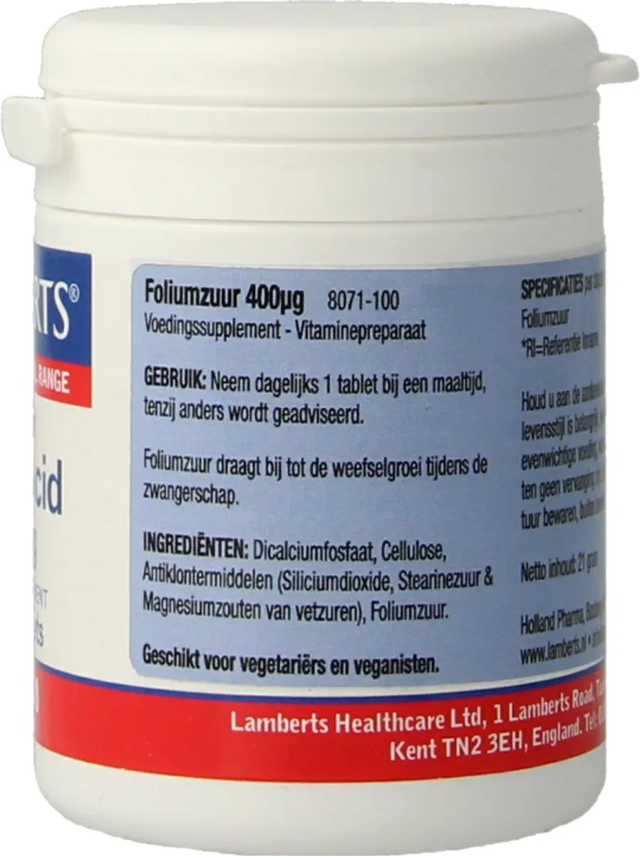 Lamberts Foliumzuur 400mcg Tabletten - 100 Stuks