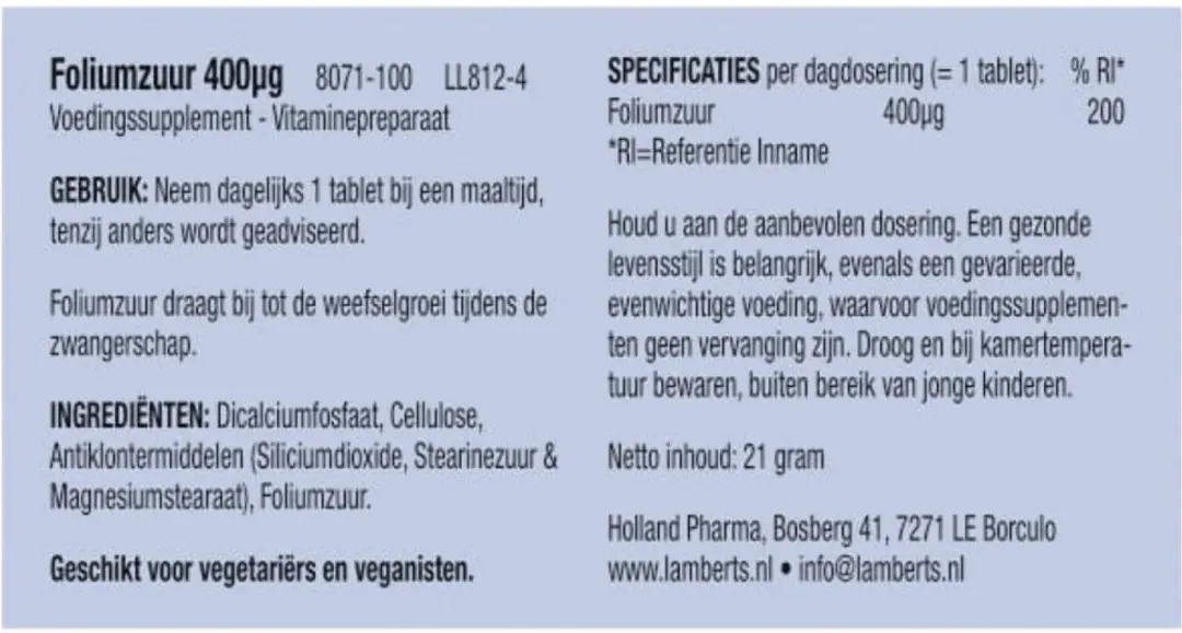 Lamberts Foliumzuur 400mcg Tabletten - 100 Stuks