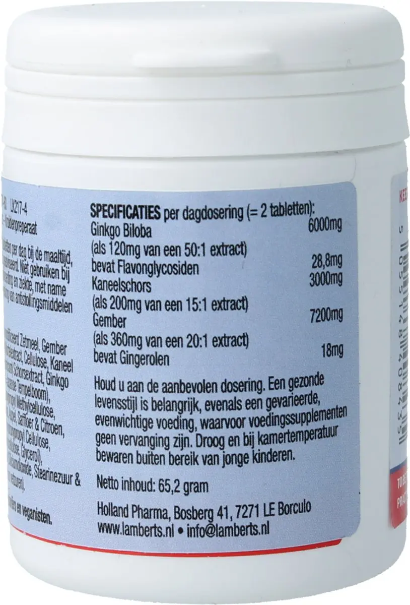 Lamberts Veintain Ginkgo Kaneel 60 Tabletten