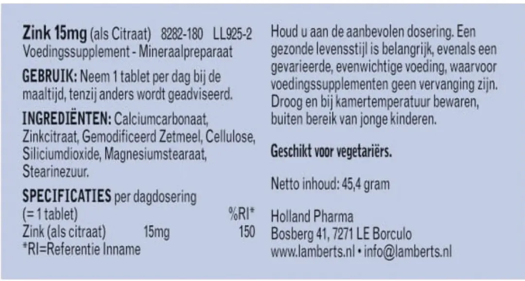Lamberts Zinkcitraat 15mg 180 Tabletten