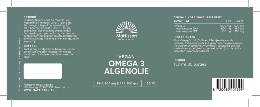 Mattisson Vegan Algenolie Omega 3 1200mg - 150ml