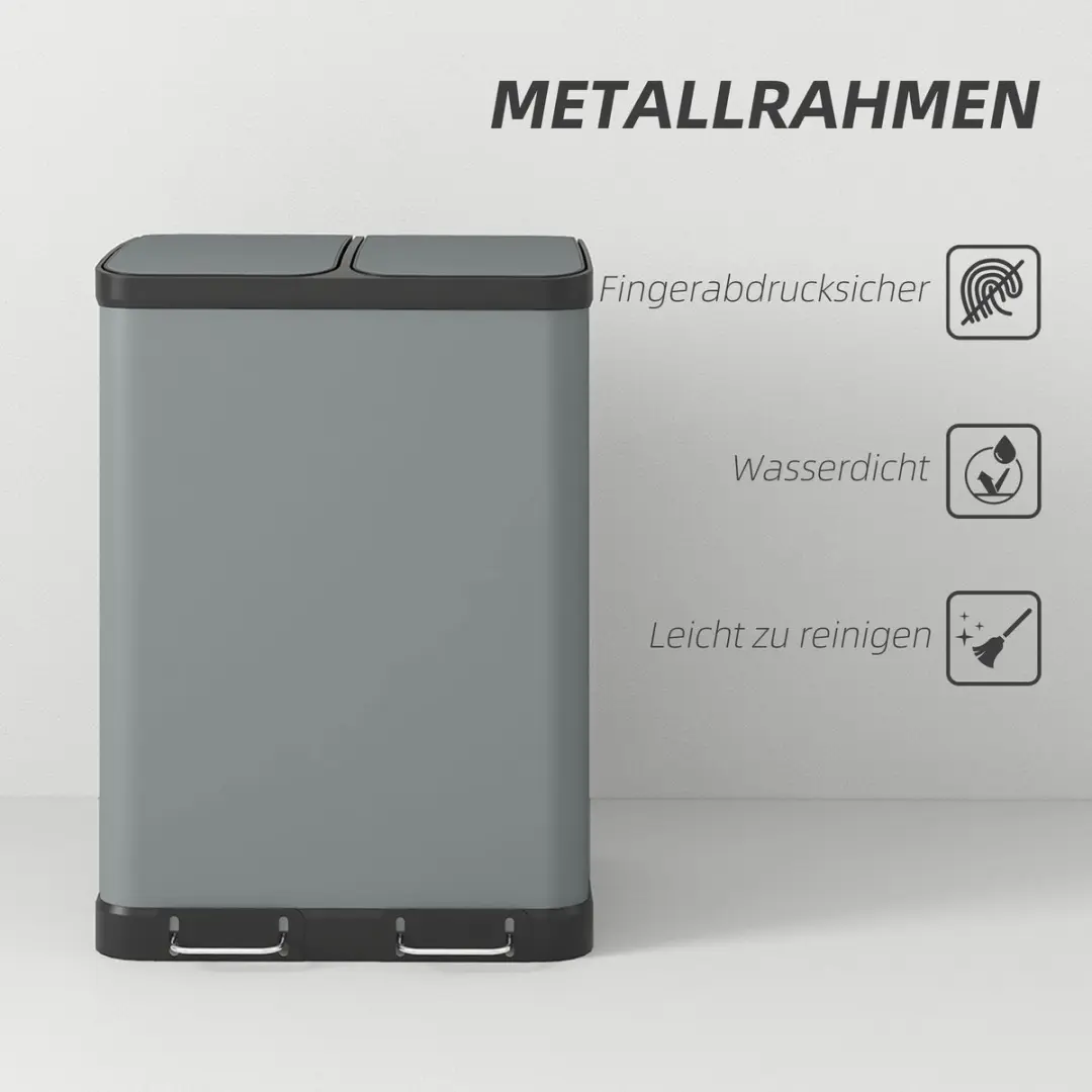 Homcom Metall Müllbak 2 Vakken 60L - Grijs