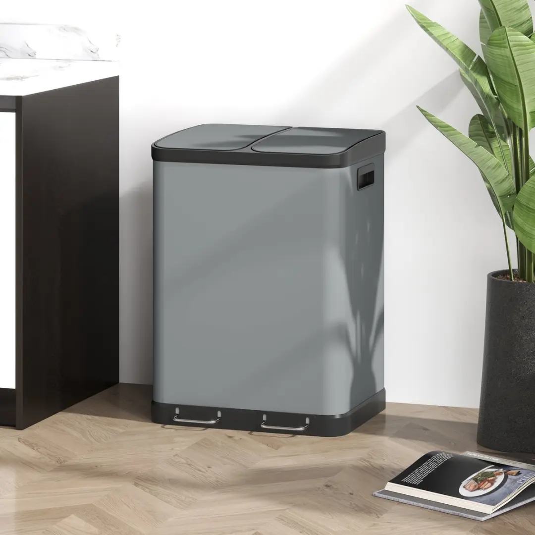 Homcom Metall Müllbak 2 Vakken 60L - Grijs