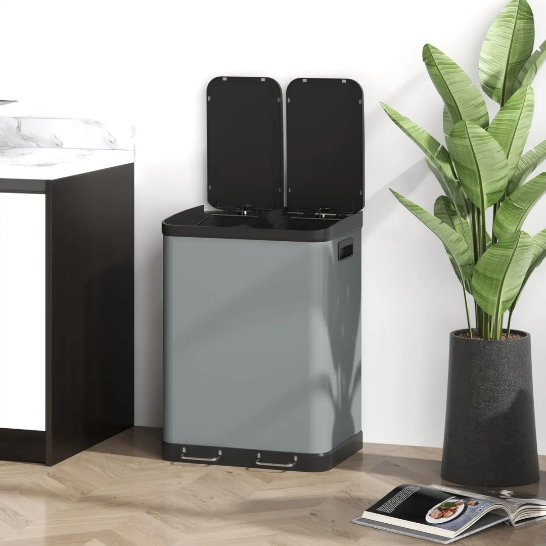 Homcom Metall Müllbak 2 Vakken 60L - Grijs
