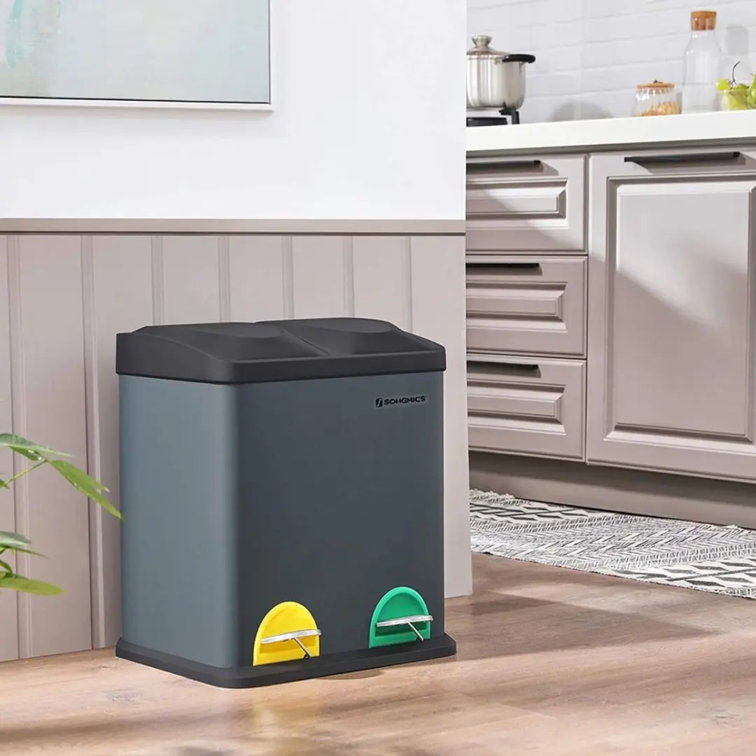 Songmics Vuilnisbak 30L - 2 Vakken Rookgrijs/Zwart