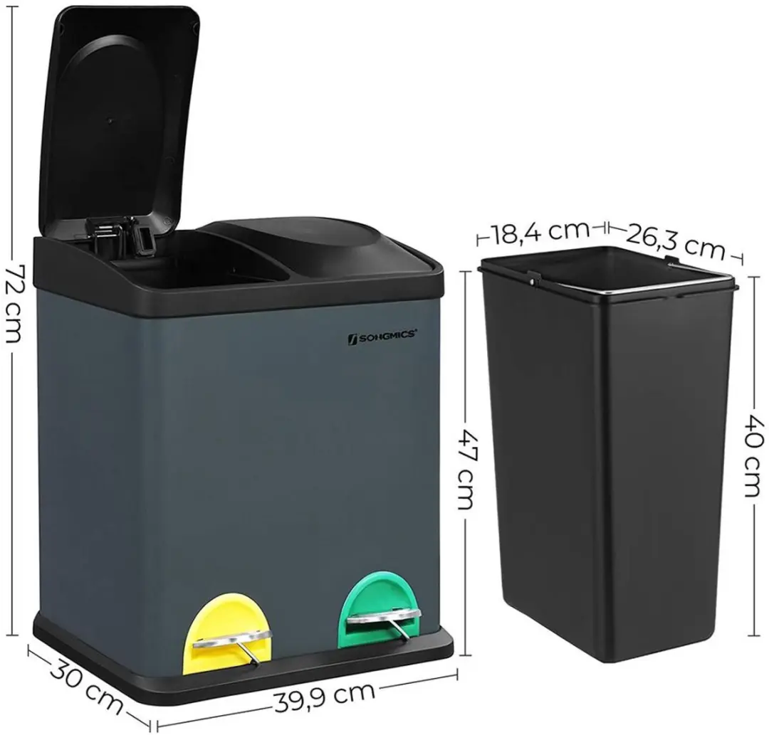 Songmics Vuilnisbak 30L - 2 Vakken Rookgrijs/Zwart