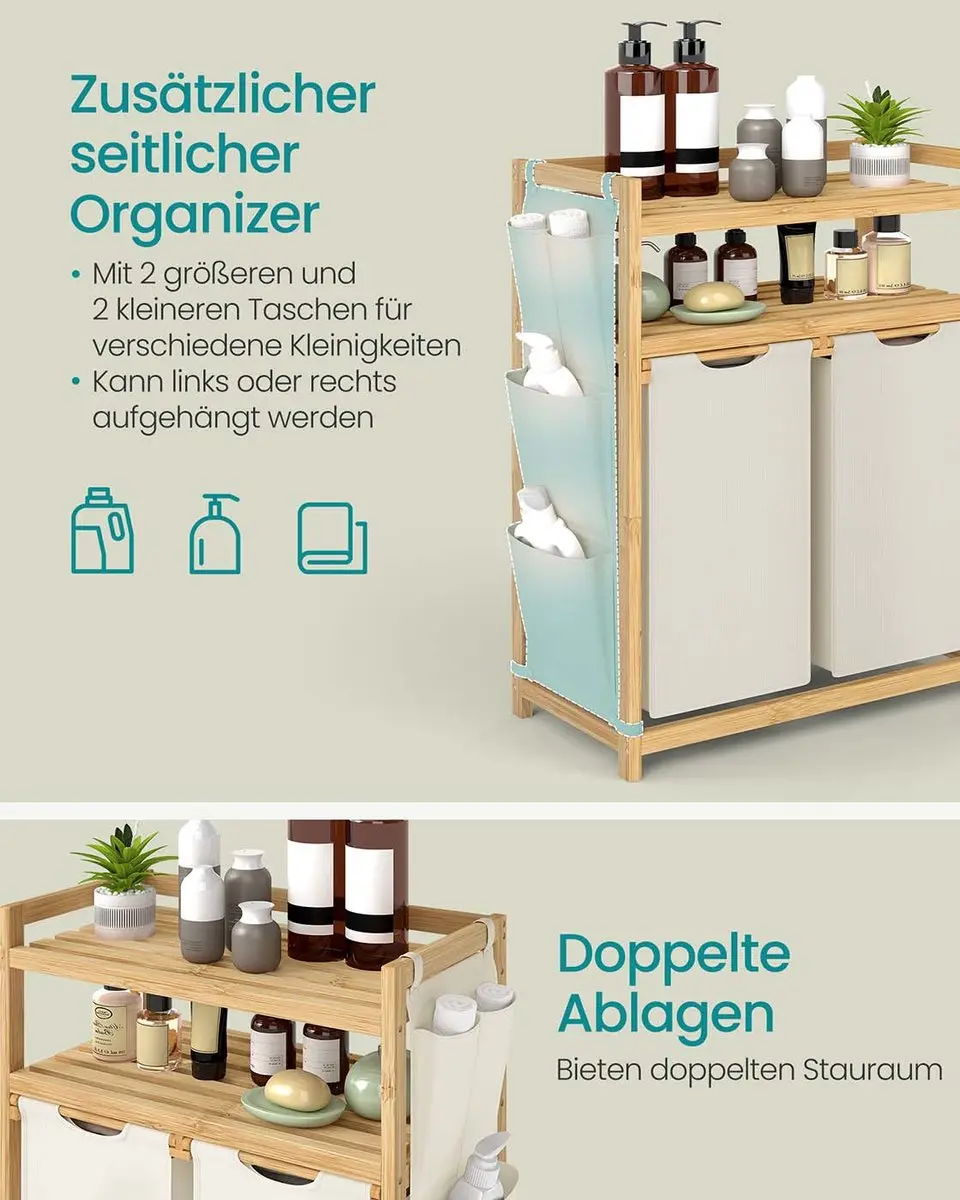 Songmics Wasmand 100L - 2 Compartimenten 63x33x98cm - Crèmewit - afbeelding 6 van 6