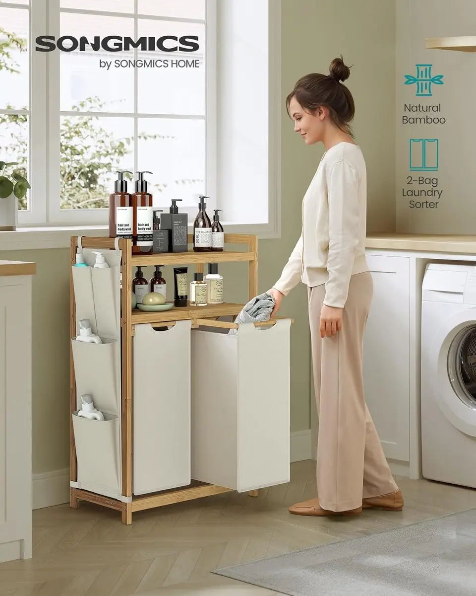 Songmics Wasmand 100L - 2 Compartimenten 63x33x98cm - Crèmewit